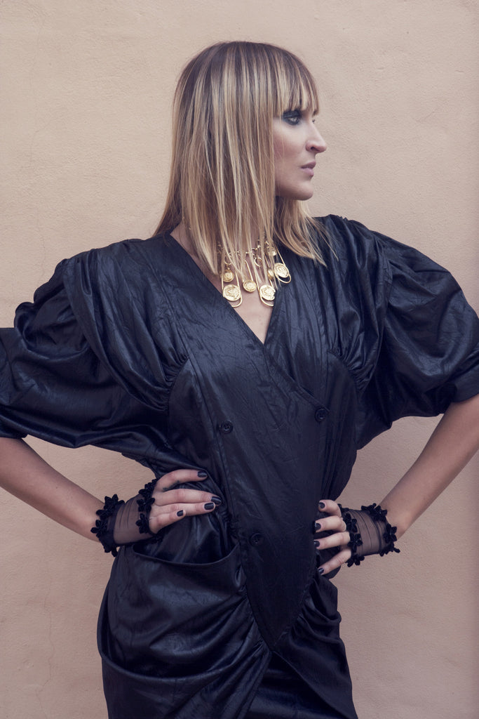 80s black leather look vintage dress with pleats | Midnight Tales