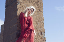 red silk chiffon kimono caftan with woman beside