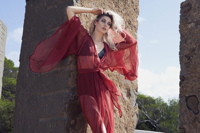 red silk chiffon kimono caftan