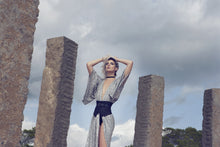 light grey silver sequined jersey kimono caftan or wrap dress