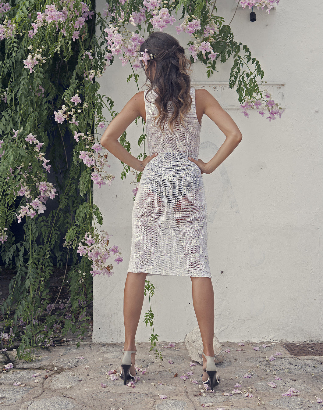 Vintage cotton crochet dress with pink holograms sequins Midnight Tales Vintage cotton crochet dress with pink holograms sequins Midnight Tales