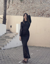 Front Vintage long evening dress with sexy lace & sequins with side cuts-off