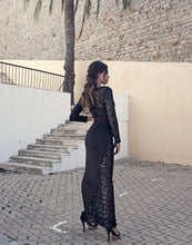 Back Vintage long evening dress with sexy lace & sequins with side cuts-off