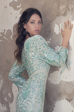 Back Vintage turquoise silk muslin charleston long dress with sequins