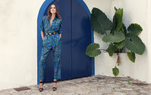 Vintage tropical peacock blue green gold print jumpsuit 2