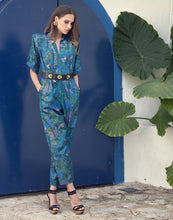 Front Vintage tropical peacock blue green gold print jumpsuit