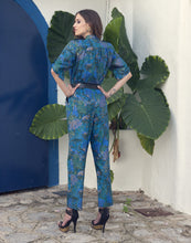 Back Vintage tropical peacock blue green gold print jumpsuit